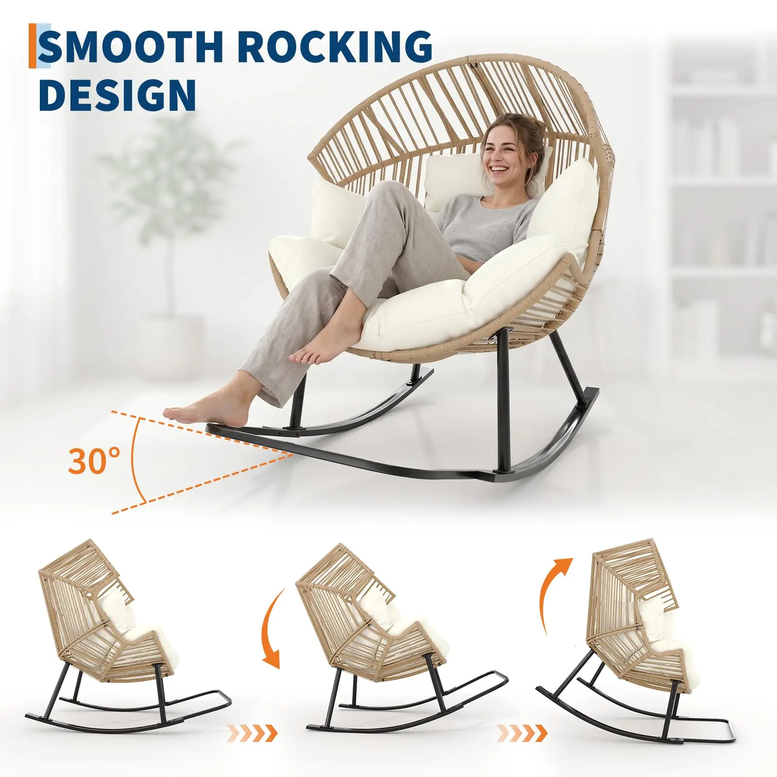 Oversized Ergonomic Wicker Rocking Egg Chair Natural Rattan Lounge Rocker With Extra Soft Pillow And Thick Cream Cushion For Indoor Outdoor Living Room Backyard Garden - view 4