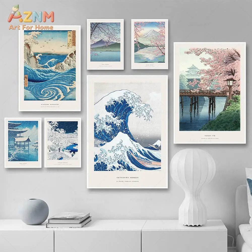 AZNM Japanese Ukiyo‑e Canvas Wall Art The Great Wave Mount Fuji Cherry Blossom Vintage Art Print Frameless Canvas Painting Livin