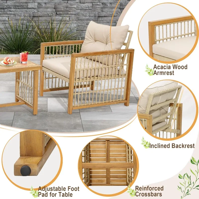 3 Pieces Acacia Wood Patio Furniture Set, PE Wicker Bistro Set with Cushioned Chairs and Coffee Table, Outdoor Conversation Set