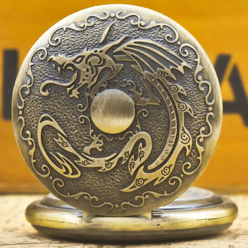 Vintage Bronze Steampunk Dragon And Dragon Beads Carved Quartz Pocket Watch Necklace Pendant Clock Chain Men Women Chain Gift