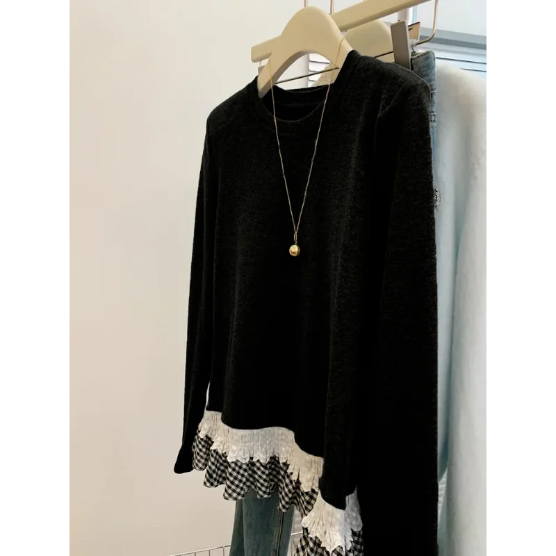 

Lace Splicing T-shirt Women's Long-sleeved Autumn Winter Round Neck Pullover German Velvet Top New Design Loose Bottoming Shirt