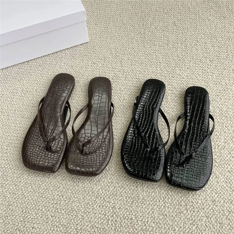 Dave&di Summer Shoe Crocodile Patterned Real Leather Jacket Women's Flat Shoes Casual Beach Flip Flops Shoes Cool Slippers Woman