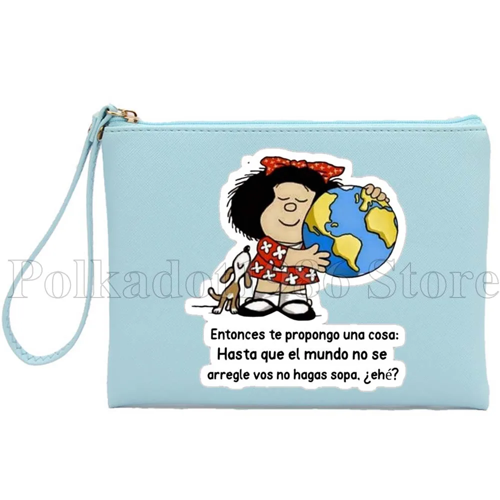 Kawaii chica de dibujos animados Mafalda Quino Comics regalos españoles bolsa de cuero PU bolsas de cosméticos monedero bolsas de maquillaje bolsa de aseo impermeable
