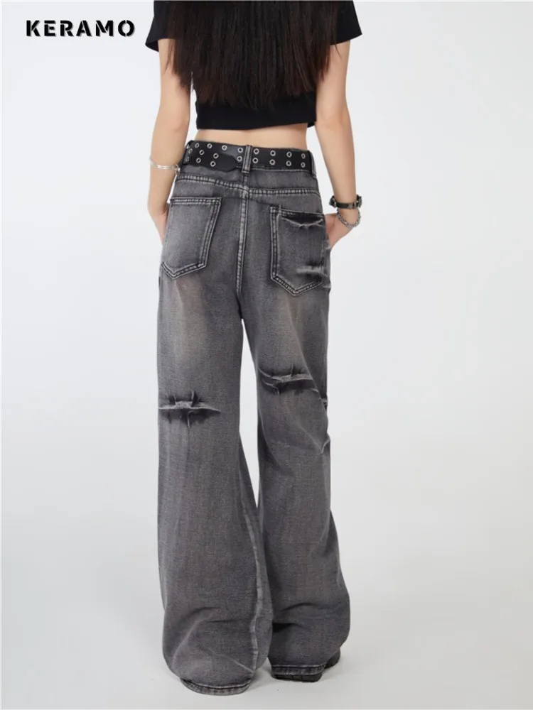 Calças jeans largas retrô de perna larga feminina, Harajuku, lavada sólida, cintura alta, jeans solto, calça azul casual dos anos 2000, verão, 2024