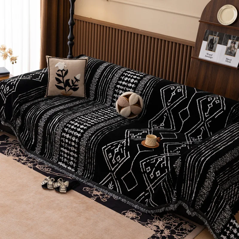 EIFLOY-Retro Sofa Towel Cover Blanket, 3 Seater, Chenille Corner Couch Slipcover, Soft Armchair Furniture Protector, with Tassel