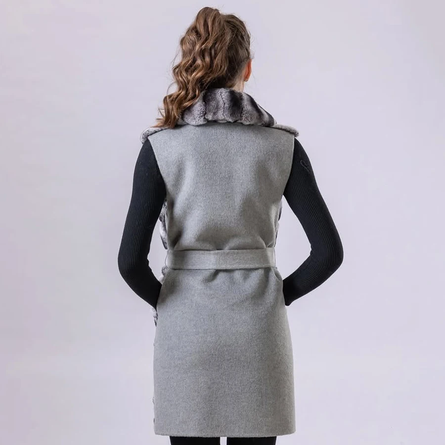 レディース レックスラビットファー ベスト ノースリーブ ロング カシミヤウールベスト 襟付き チンチラファーコート 新入荷 本物の毛皮コート