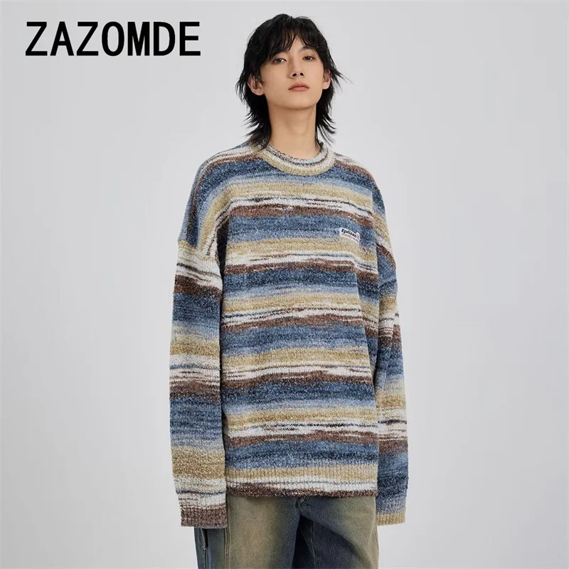 ZAZOMDE 2024 Autumn Winter New Arrival Fashionable Trendy Striped Knit Pullover Vintage Color Blocking Design Unisex Couple Tops