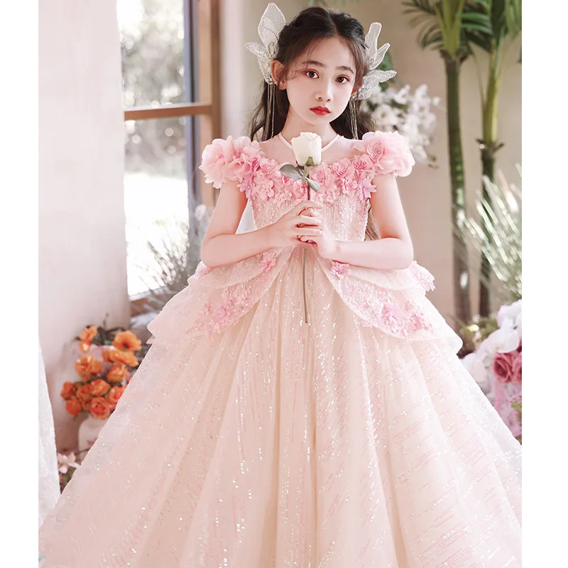 Girl's Pink Host's Dress Princess Dress Children High-End Affordable Luxury Niche Flower Girl Piano Playing Performance Costume