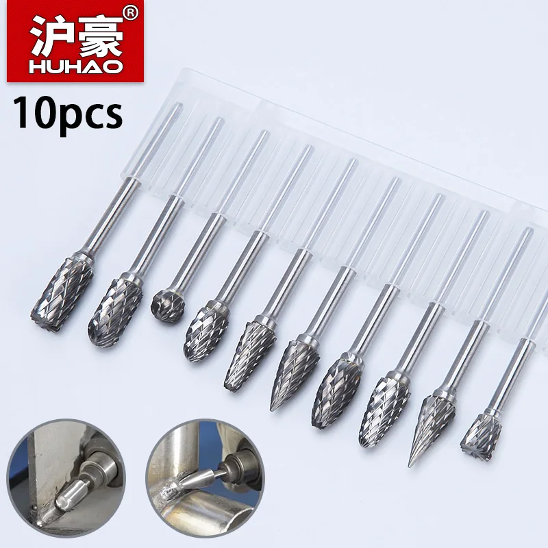 HUHAO 10PCS Double Cut Carbide Rotary Burr Set Milling Cutter Rotary Tool Die Grinder Drill Bits DIY Engraving Metal Polishing