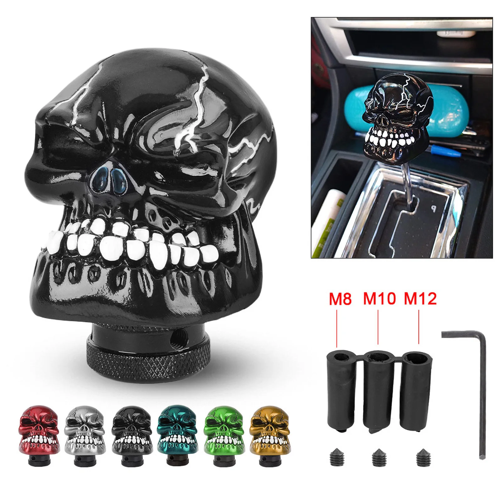 CNSPEED Black Skull Demon Manual Automatic Gear Shift Knob 3 Adapter Replacement Shifter Stick Shift Heads Car Interior