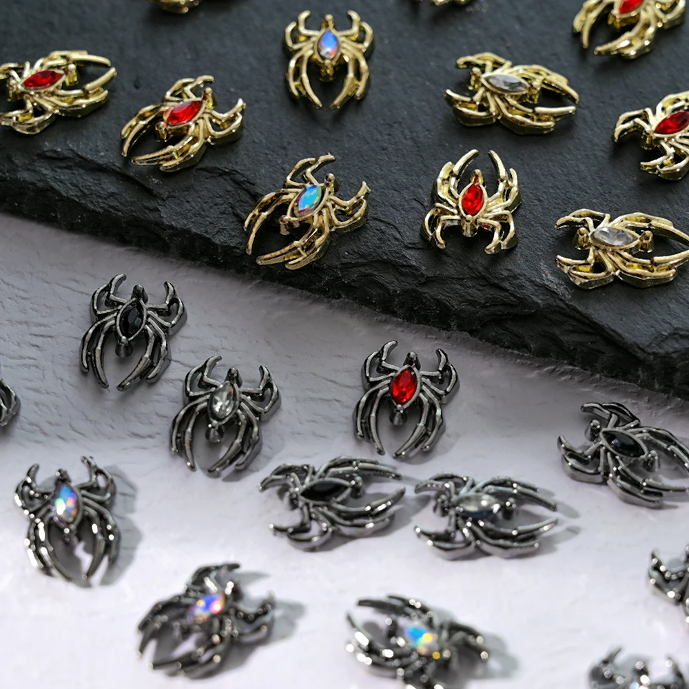 10 SZT. Ozdoby do paznokci 3D w kształcie pająka z metalu, punkowe, vintage, zwierzęcy pająk, kryształowe cyrkonie, dekoracje do manicure DIY na Halloween
