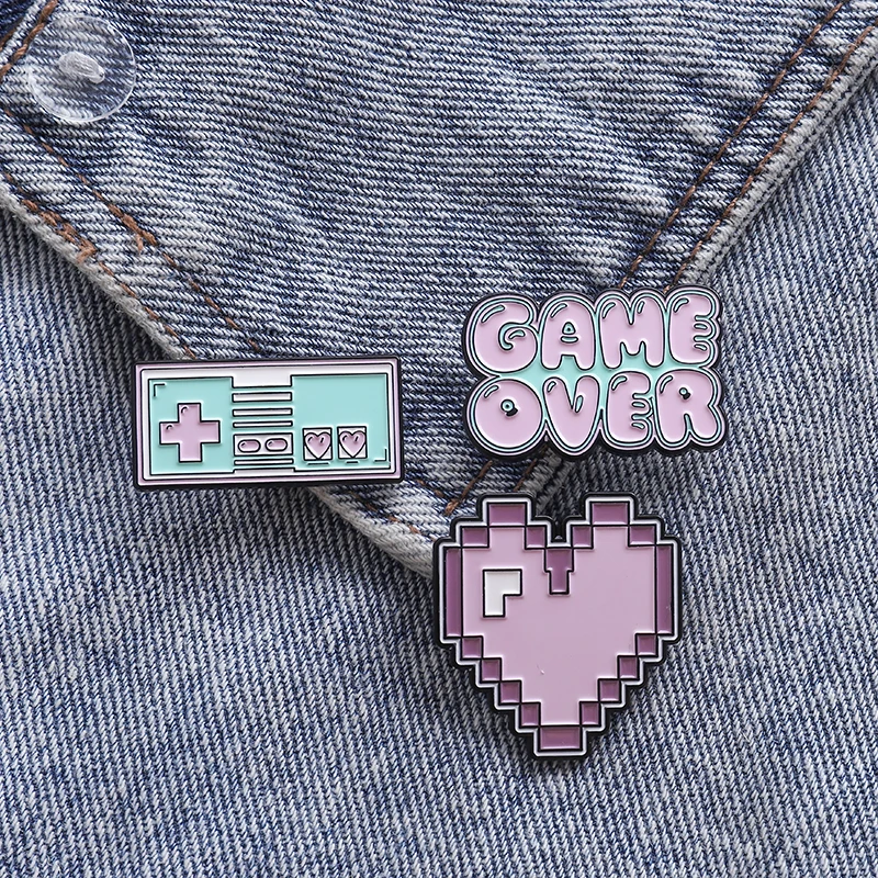 Pixel Art Enamel Pins Pixel Games Lapel Pins Game Over Cartoon Brooches Vintage Retro Game Metal Badges Heart Pins Up Wholesale