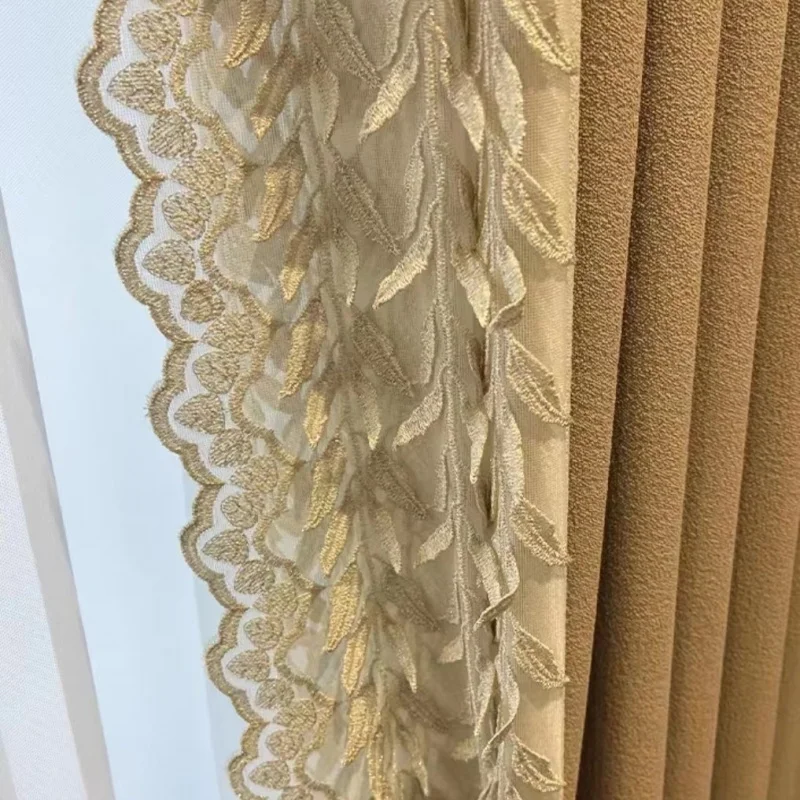 Custom. New French Style 2023 Embroidered Lace Gray Milk Tea Color Light Luxury High-end Simple Translucent Living Room Dou