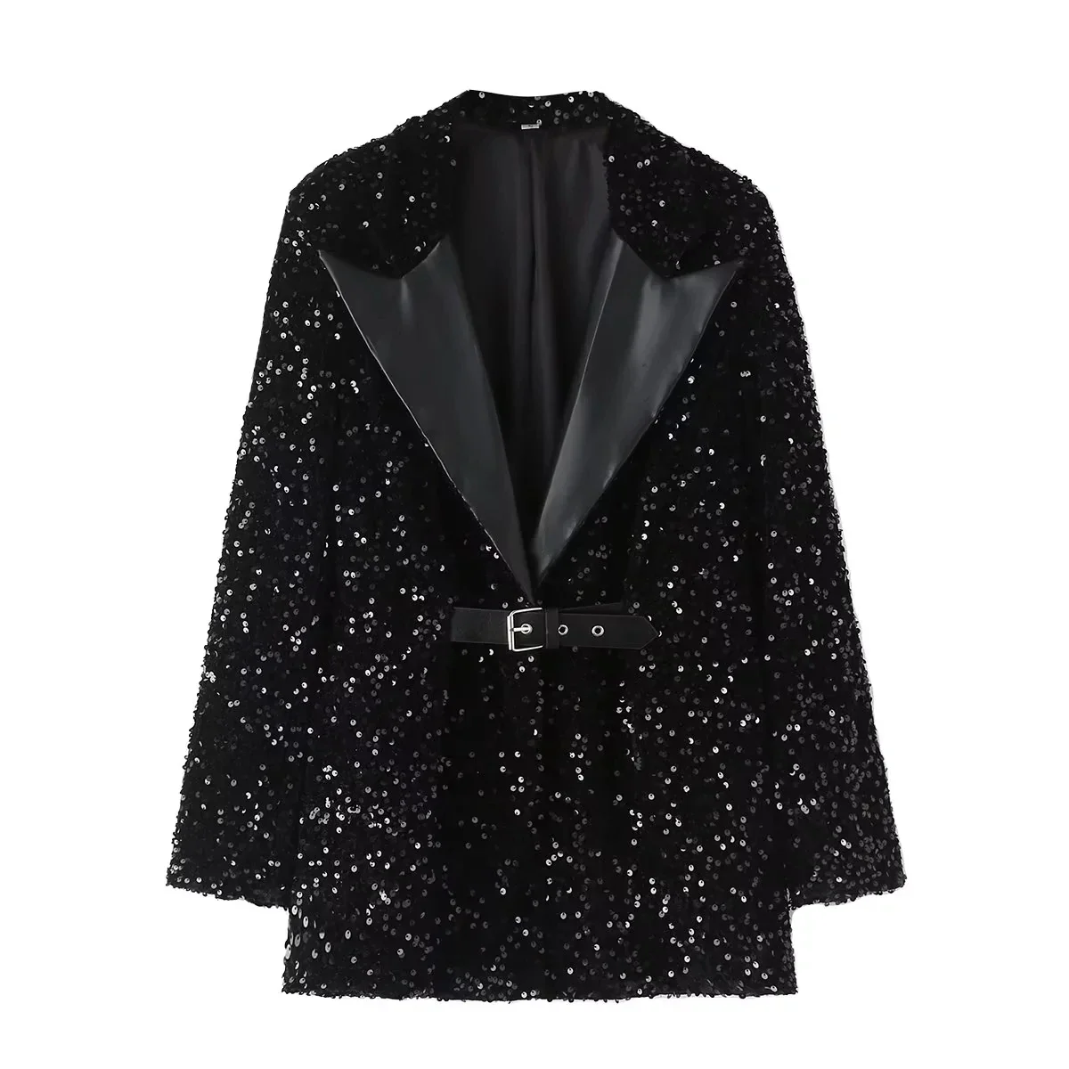 2024 Autumn New Fashion Women Shiny Double-breasted Sequins Suit Jacket Female Coat Black Slim Fit Blazers with Belt