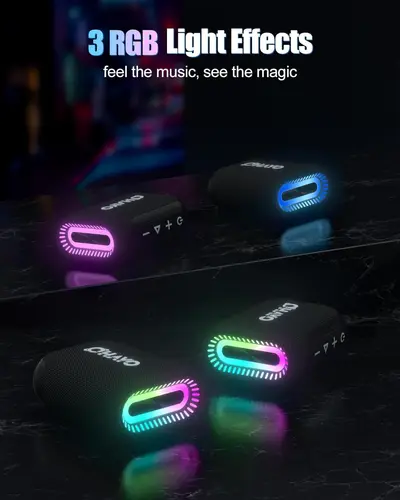 Imagen 2 del producto OHAYO Altavoz Bluetooth Mini con Luces RGB 5.3, Altavoz Exterior Resistente al Agua IPX7 24H Autonomía, para iPhone, Fiestas, Exteriores, Negro