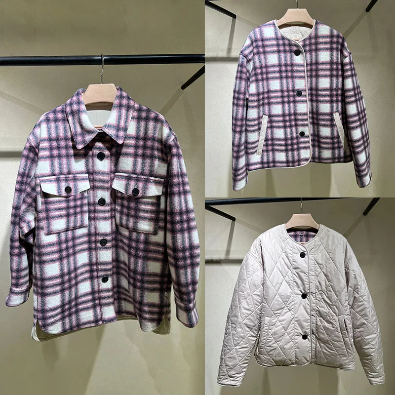 

【Gift Free】2025 Autumn Winter Casual Round-Neck Wool Blend Reversible Purple Plaid Coat for Women, Versatile Outerwear