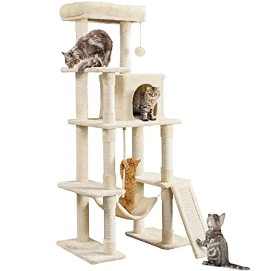 

63 Inches Multi-Level Cat Tree for Indoor Cats with Scratching Posts Hammock and Dangling Ball in Brown and Beige