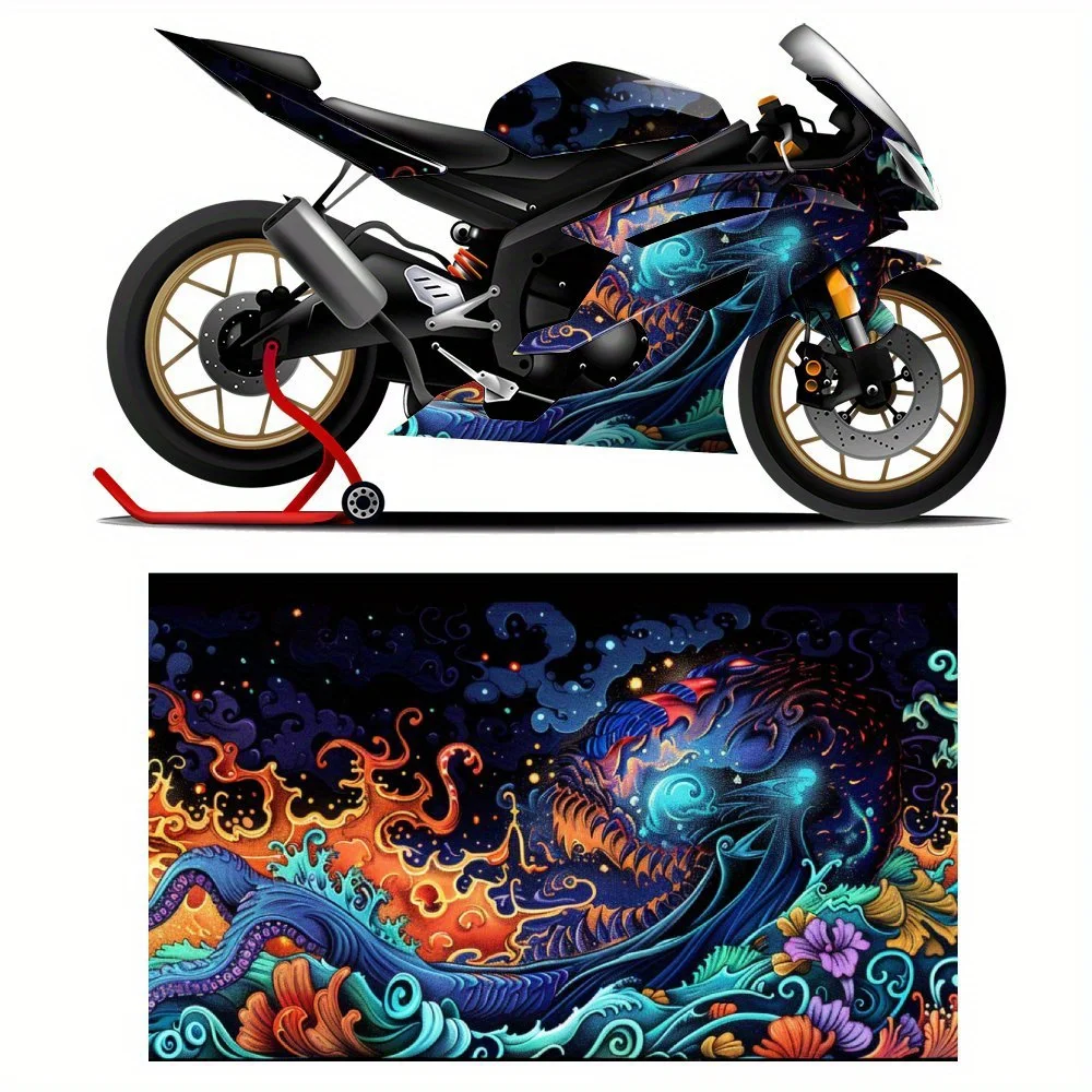 Cosmic Dragon Flames Art motorfiets vinyl wrap, sticker sticker, spatwaterdicht, eenvoudig te installeren, duurzaam gepersonaliseerde motorfiets