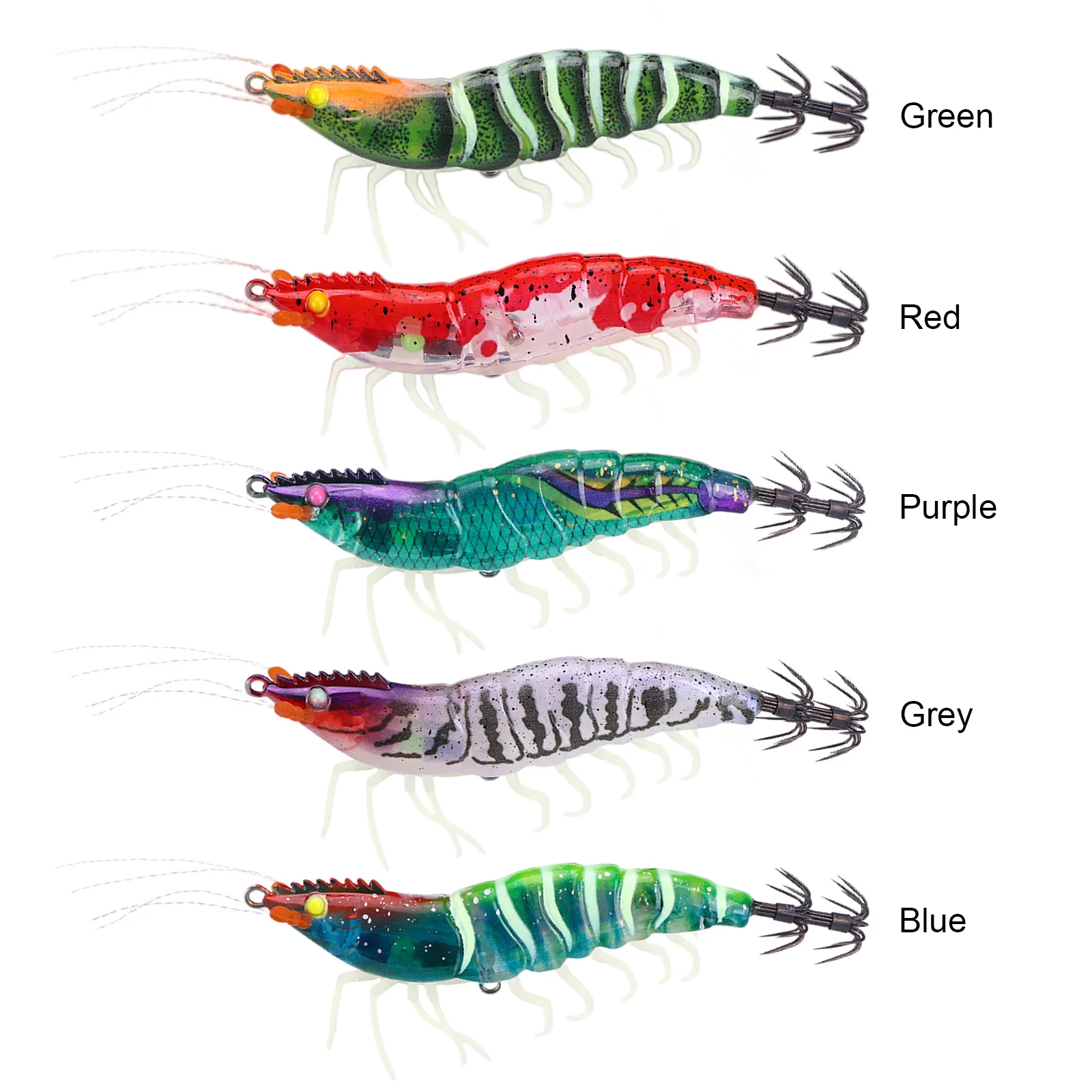 Fishing Squid Jigs Cuttlefish Lures with 3D Holographic Eyes & Treble Hook Luminous Shrimp Prawn Sleeve Jig Hooks for Octopus