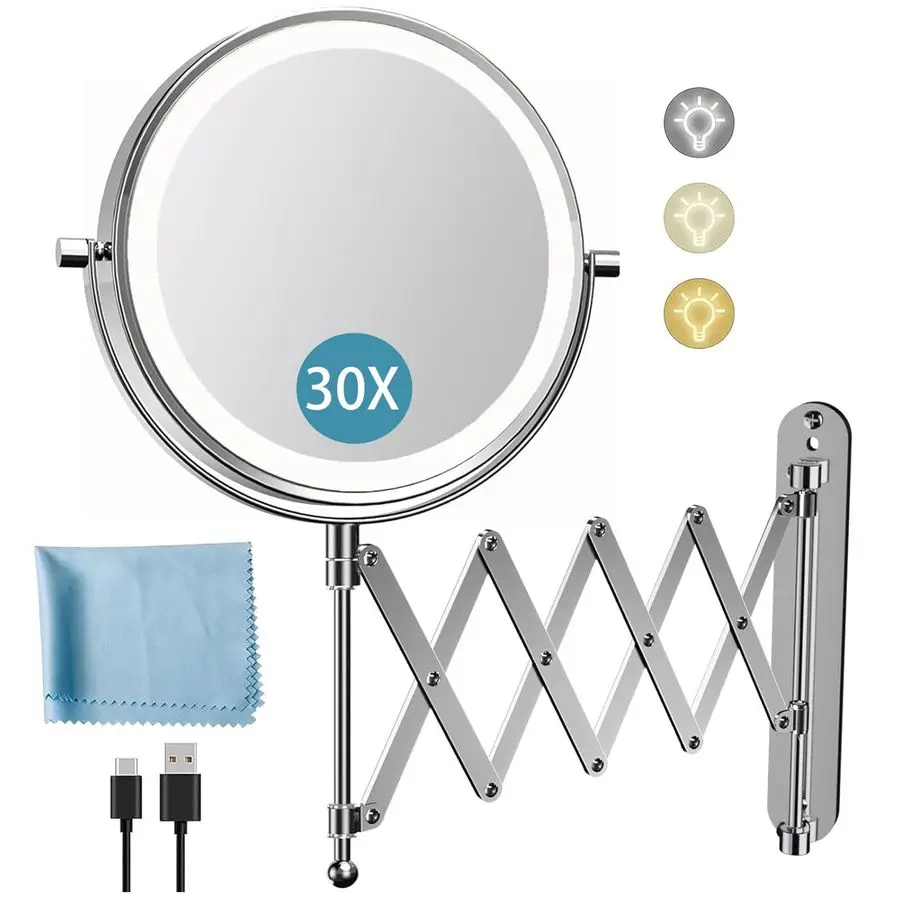 

Rechargeable Wall Mounted Makeup Mirror 8 Inch Double Sided 1X 30X Magnifying Mirror with 3 Color Lights Dimmable Touch Screen,