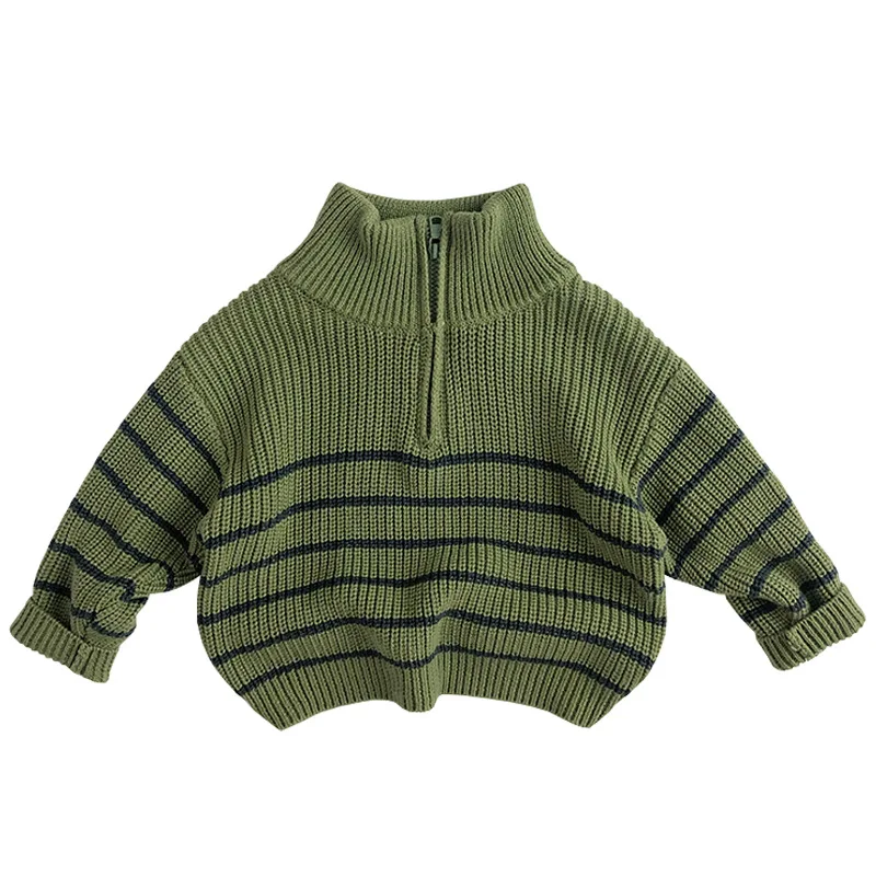 2024 Autumn New Children Long Sleeve Casual Striped Sweater Thick Warm Baby Knit Sweater Pullover Boys Girls Tops Kids Clothes