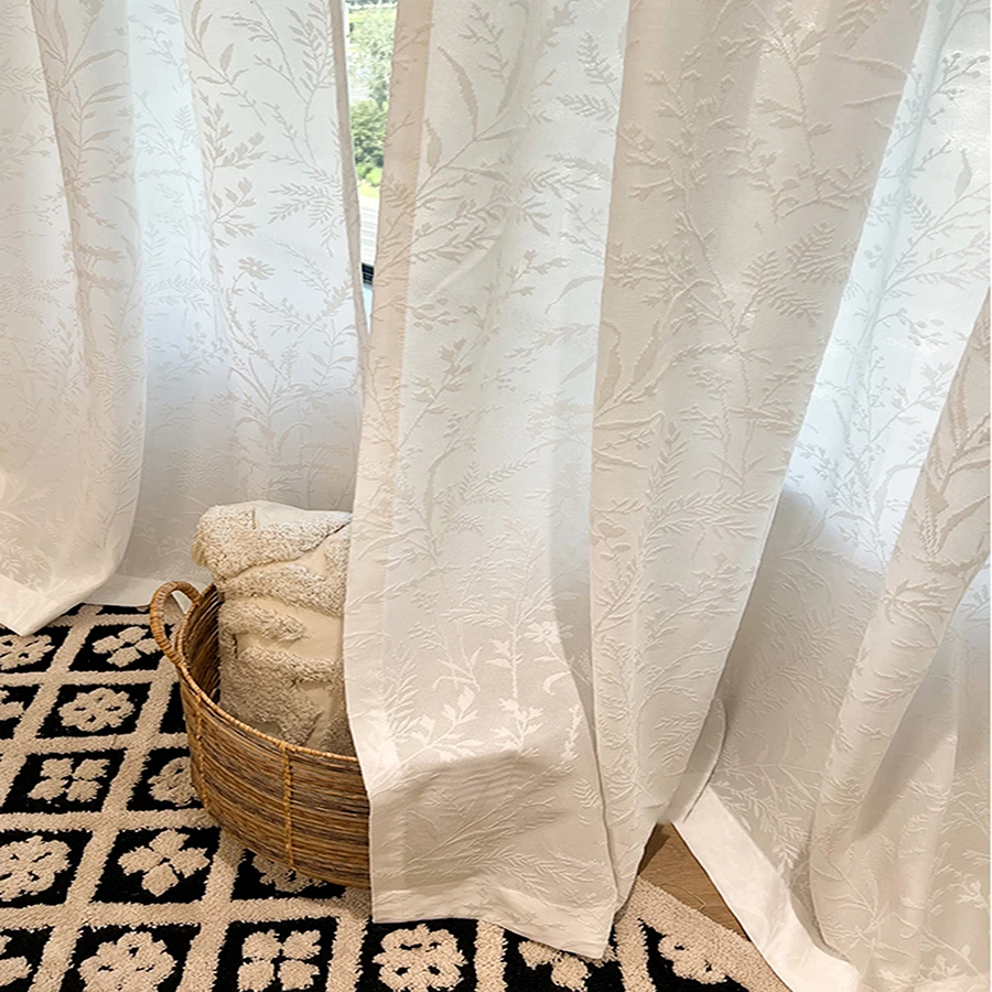 Vintage French White Relief Plants Tulle Curtains, Jacquard Embossed Design Thicker Opaque Sheer for Bedroom, Living Room Decor
