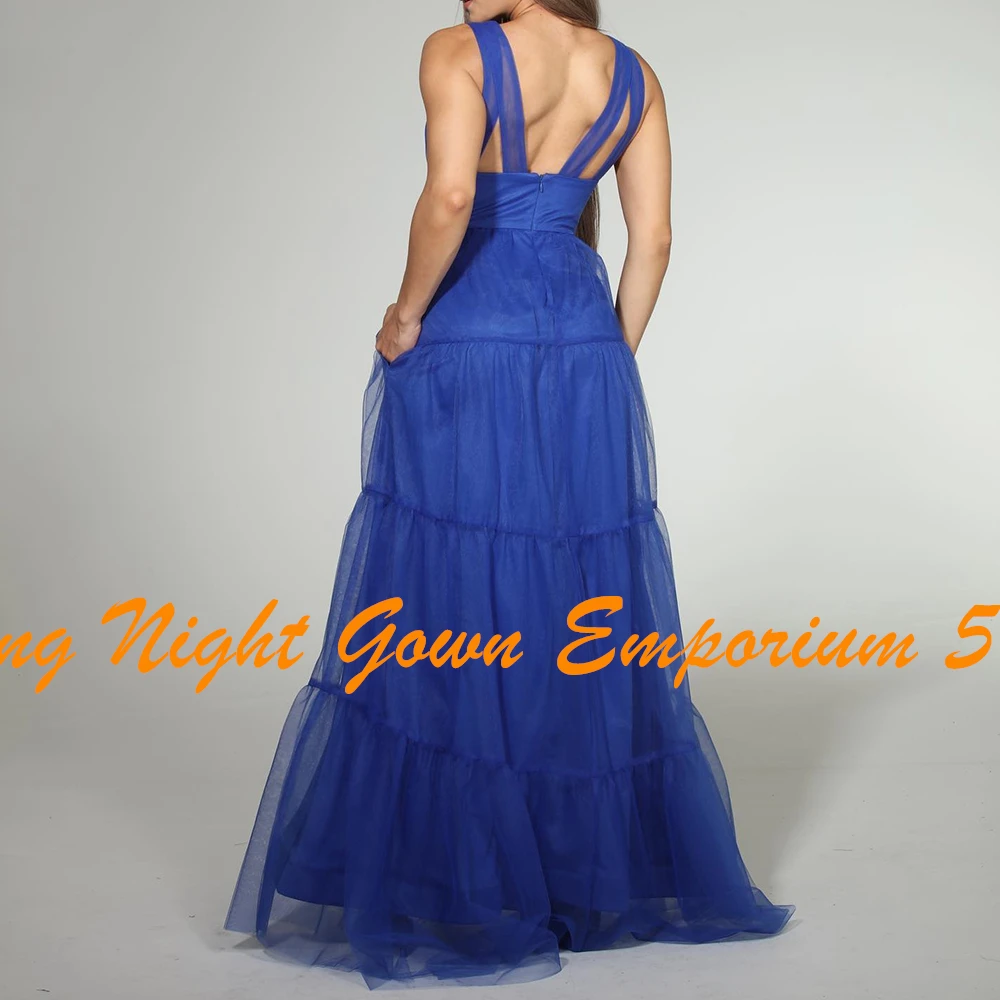 Customized Modern Pleats V-Neck Evening Dresses Fashion A-Line Spaghetti Straps Zipper Back Blue Organza Party Gowns فساتين سهرة