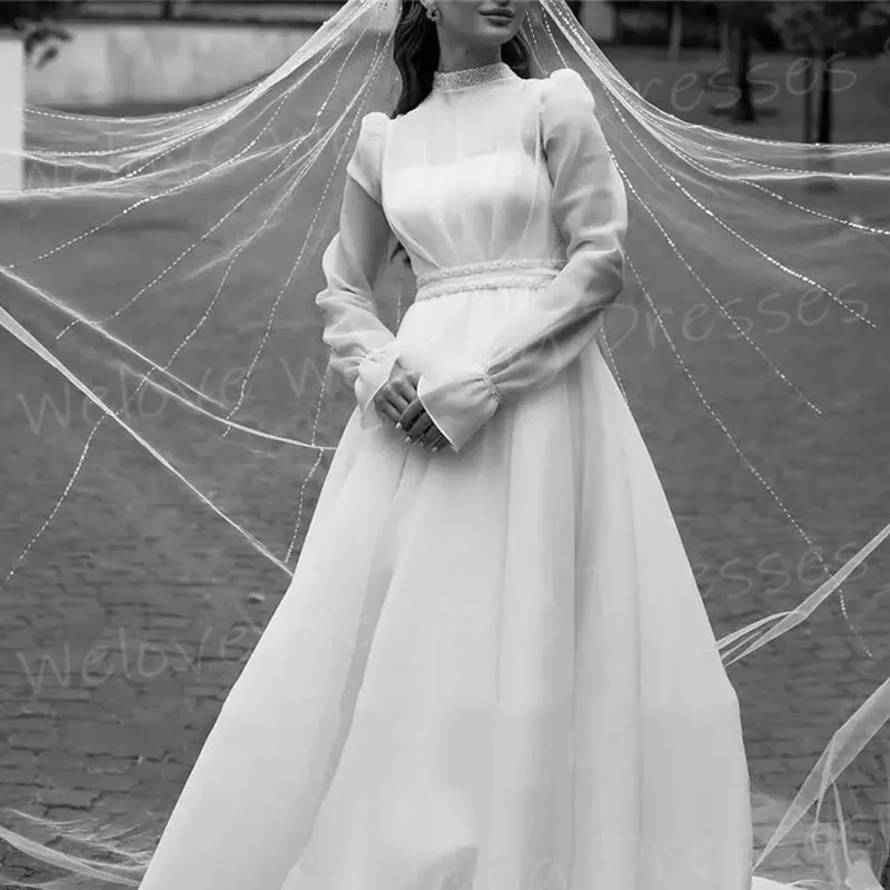 

Graceful Charming A Line Women's Wedding Dresses High Neck Vestido Customized Bride Gowns Long Sleeve Princess Vestido De Novia