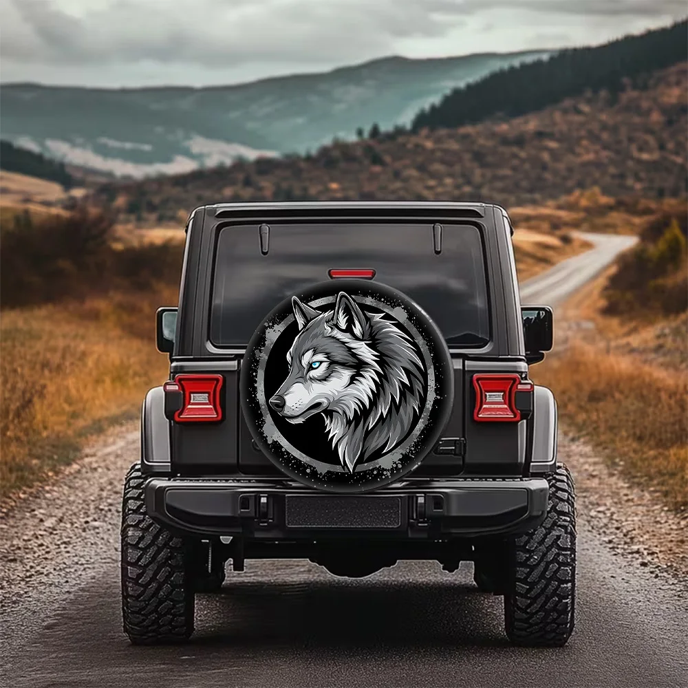 A Trendy Blue-Eyed Wolf Head Print Tire Cover, Stylish And Universal Wheel Protection, Spare Tire Guard, Featuring A Unique And