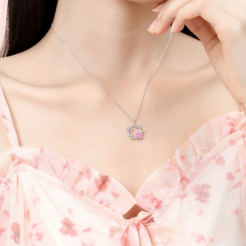 S925 Silver Butterfly Dance With Flowers Necklace For Women Sweet Fairy Tale Pink Zircon Zircon 45cm Choker Dreamy Jewelry Gift