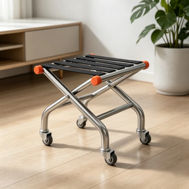 Swivel Caster Folding Stool Stainless Steel Rolling Seat Portable Round Kitchen Stool Multifunctional Rotating Home Footrest