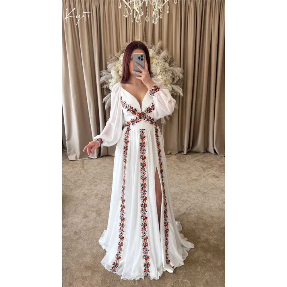 

Kyoto белое свадебное платье с v-образным вырезом и разноцветными цветами, пышные рукава, трапециевидное платье, платье длиной до пола, с открытой спиной, формальное