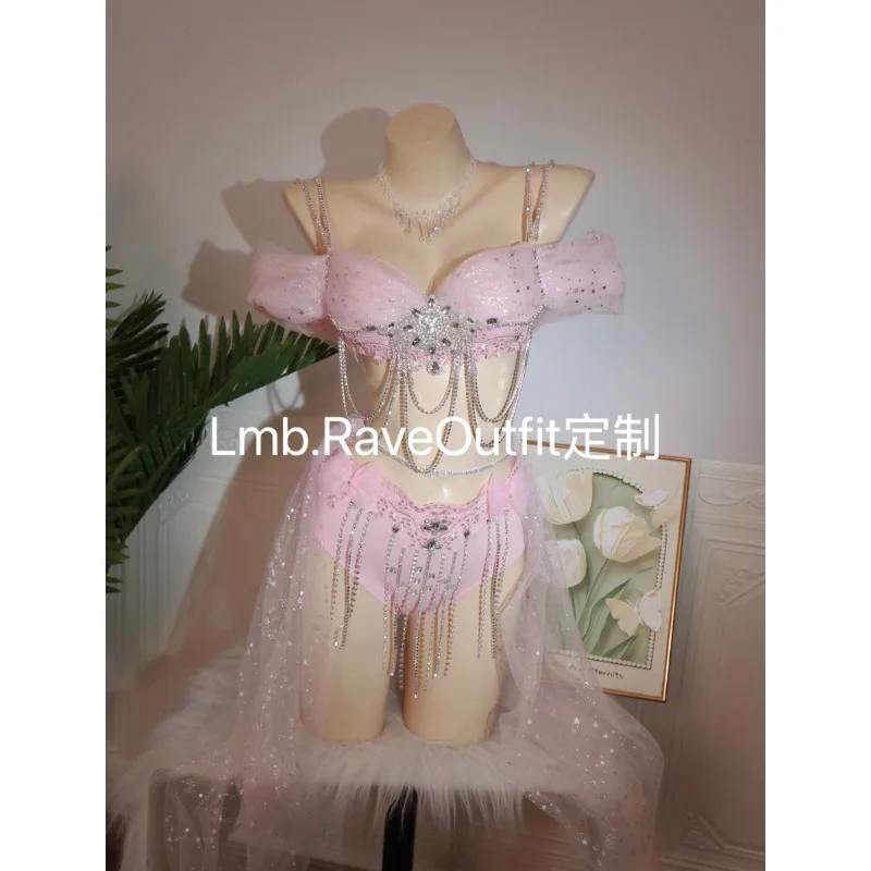

Customized Sparkling Star Grey Pink Edition Electric Syllable Sexy Luxury Tassel Bikini Fashion Show Photo