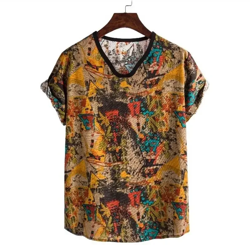 2023 Summer New Casual Ethnic Style Dark Flower Series Men's Large Print Loose Personalized Versatile Short Sleeve T-shirt