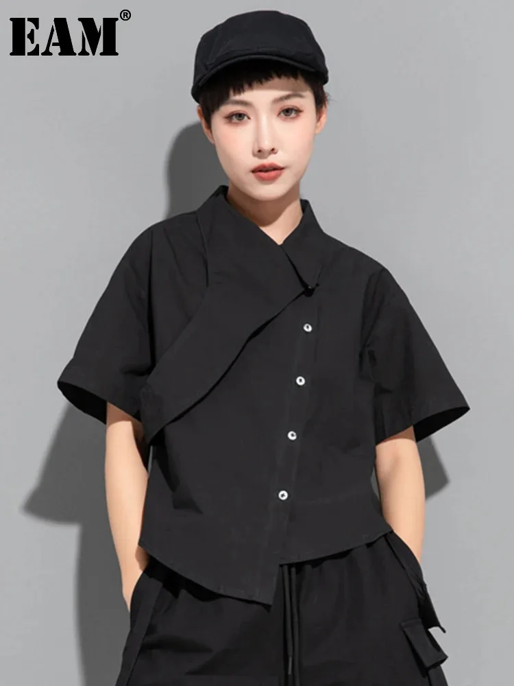 [EAM] Women Black Irregular Big Size Casual Blouse New Lapel Short Sleeve Loose Fit Shirt Fashion Spring Summer 2024 1DE8726