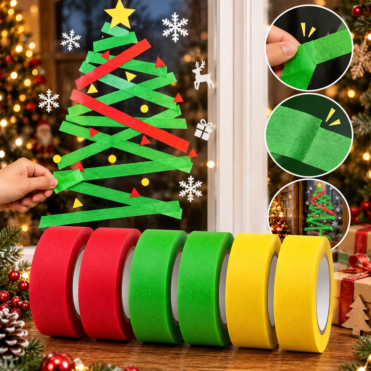 3Rolls Christmas Colored Masking Tape Red Green Yellow Crepe Paper Tape DIY Xmas Tree Window Decoration Craft Painting Supplies
