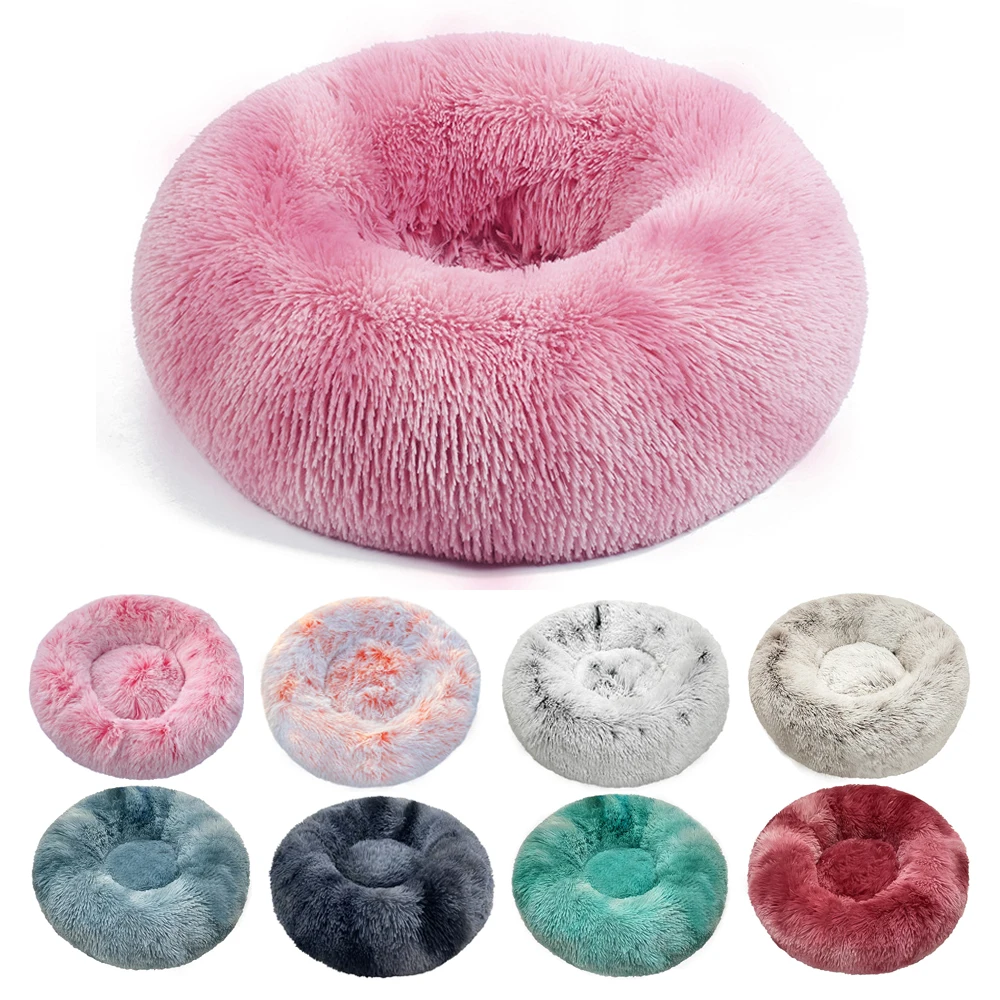 Round Pet Bed for Cat Fluffy Luxury Faux Fur Plush Donut Dog Bed for Large Dogs Calming Cat Bed Soft Puppy Cushion Anti-Anxiety