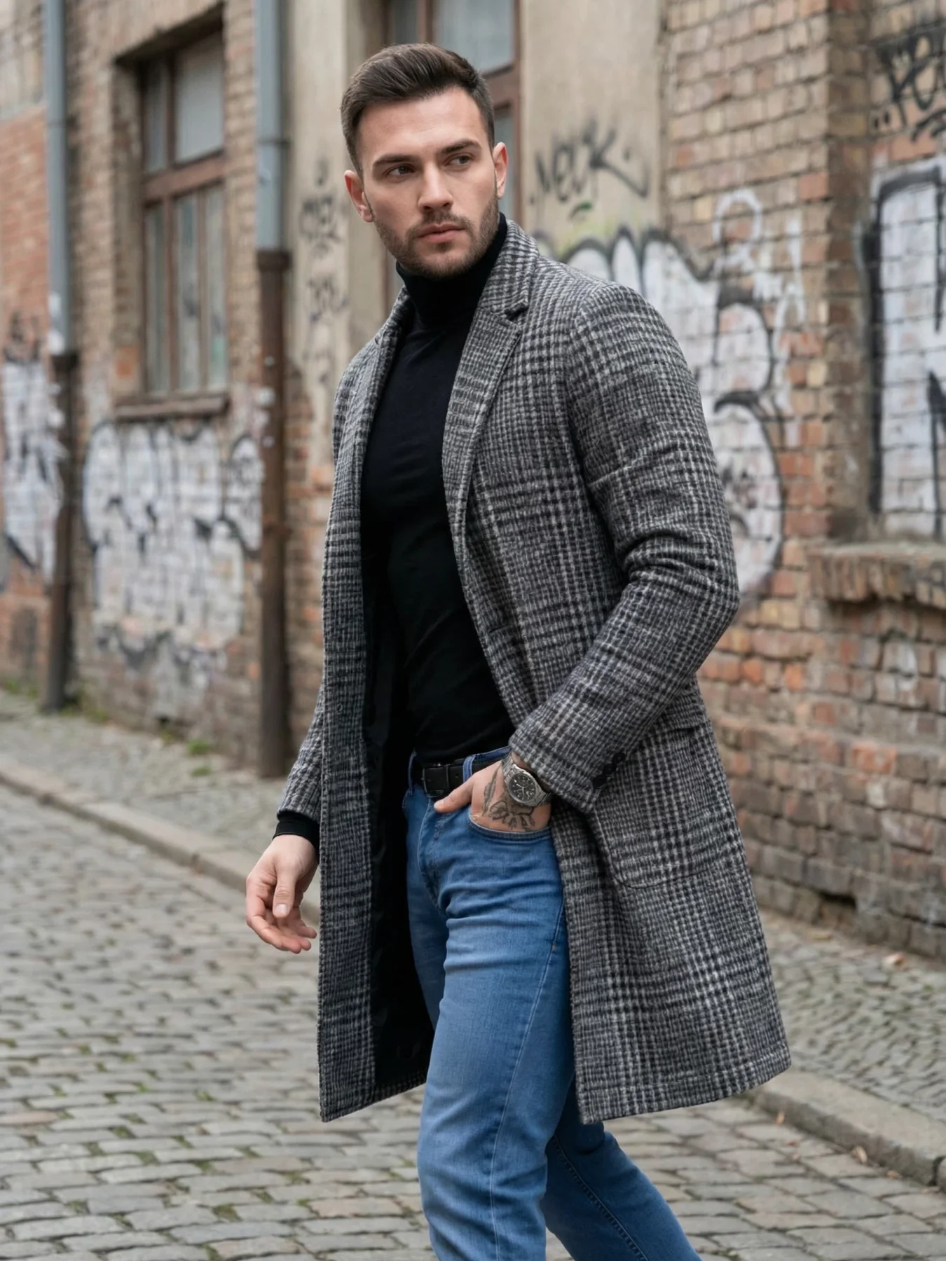 New Arrival Men's Checkered Woolen Overcoat Single Breasted Thickened With Lining Winter Commuting Outdoor Style Streetwear