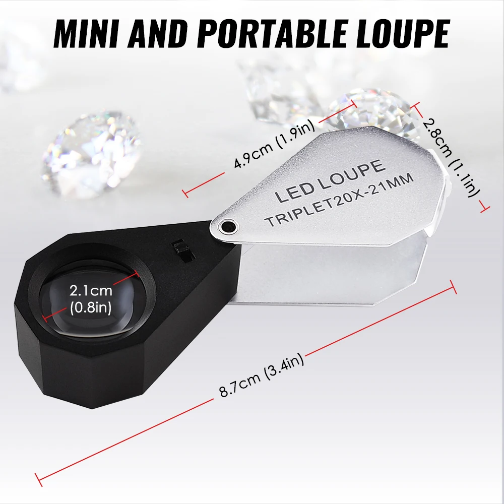 20X Professional Triplet Loupe 21mm Optical Glass with 6 LED Ultra-Bright, Heavy Duty Gem Loupe for Gemology Watchmaking Geology