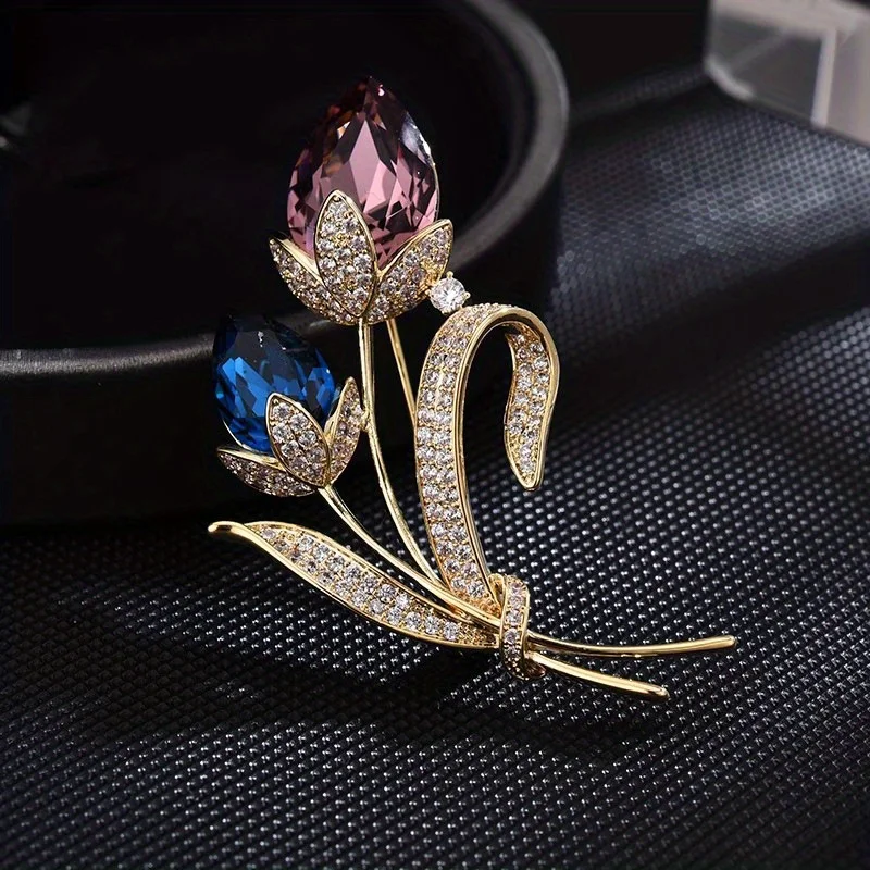 Ladies Novelty Retro Twin Flower Brooch High-grade Women\'s Exquisite Crystal Flower Corsage Anti-slip Pin Suit Accessories