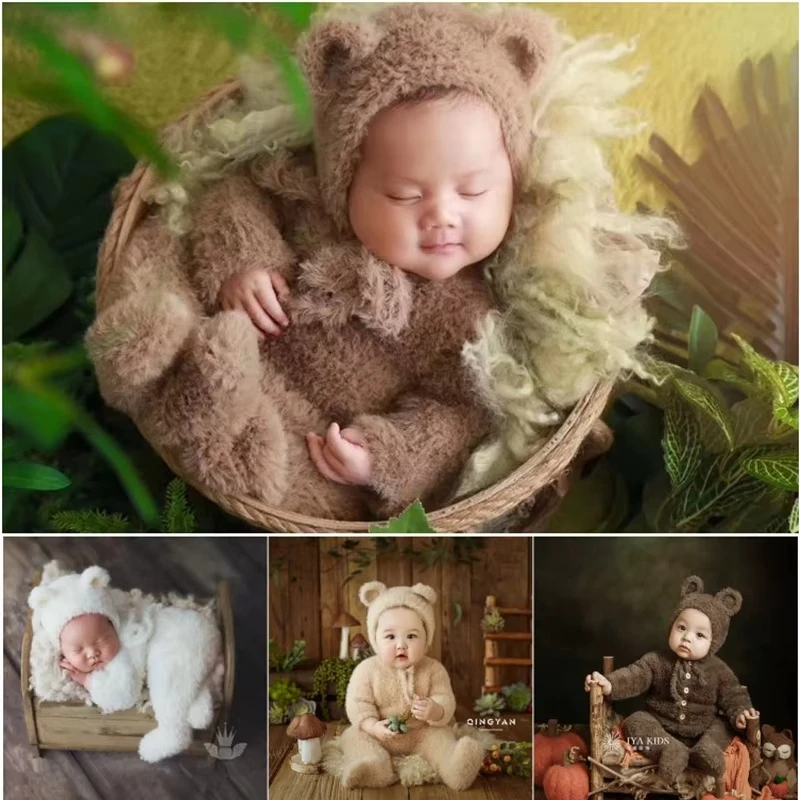 Baby Newborn Photography Props Soft Knitted Cute Bear Hat Bonnet with Outfits 2pcs Set Fotografia Studio Photoshoot Clothes Prop