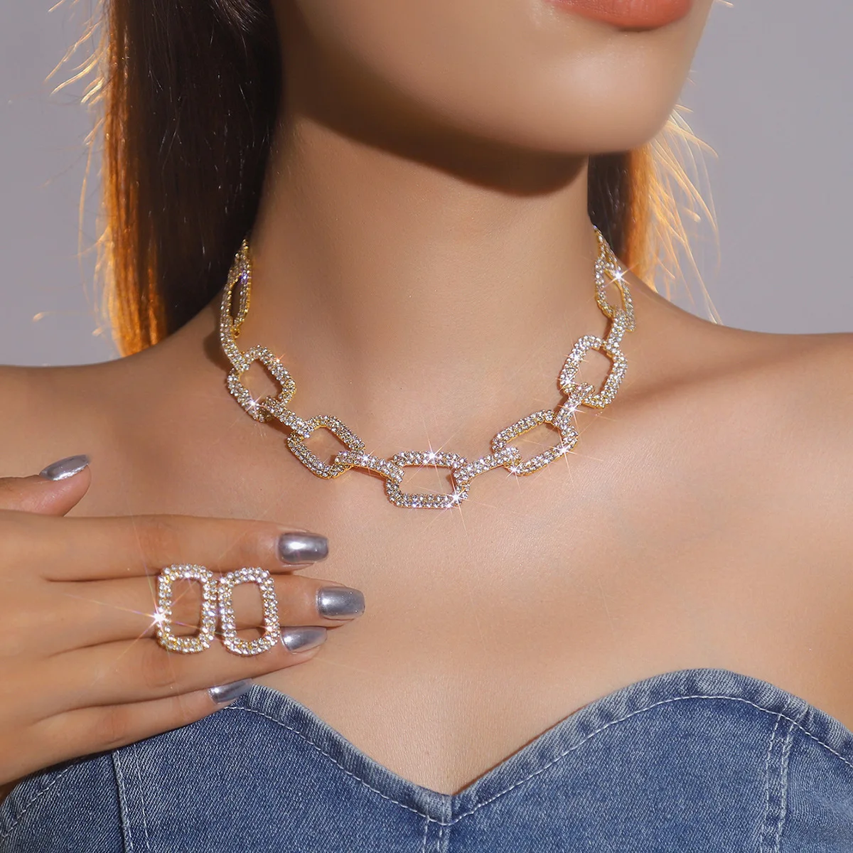 Rhinestone chain personality exaggerated super flash full diamond chain necklace earrings two-piece set item earrings