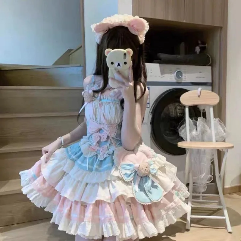 2025년 신상 스위트 걸즈 로리타 드레스 여성 빈티지 Y2K 리본 러플 플라잉 슬리브 파티 프린세스 드레스 일본 요정 미니 드레스