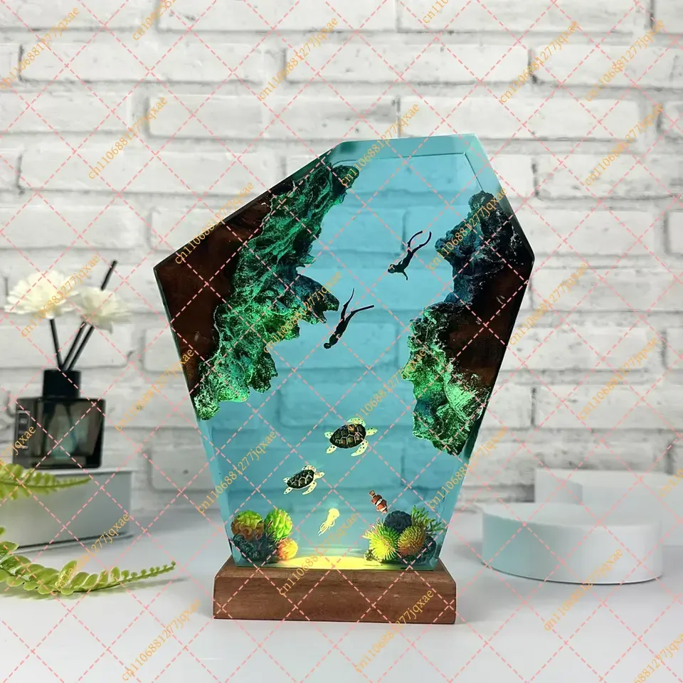 Epoxy Resin Wood Night Light, Turtle & Diver Marine Ornament, Unique Gift