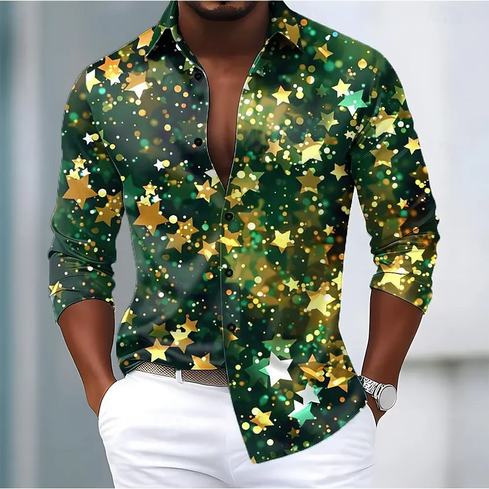 

Рождественская мужская блестящая рубашка с принтом звезды галактики, рубашка на пуговицах с длинным рукавом, модные весенне-осенние рубашки с отложным воротником и принтом