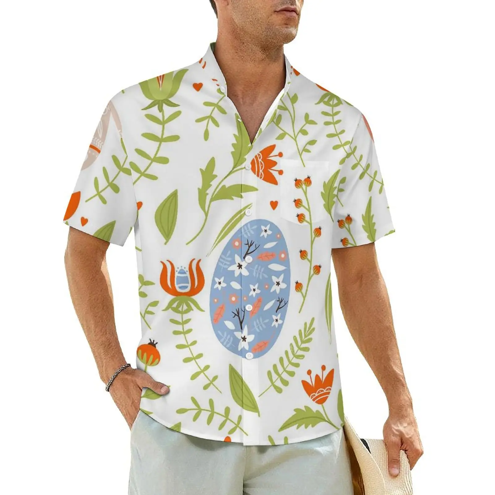 Colorful Easter Eggs Beach Shirt Men Flower Bunnies Collection Casual Shirts Hawaii Short Sleeve Street Style Oversized Blouses