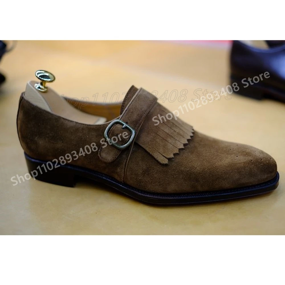 

Suede Front Fringe Decor Men Dress Shoes Buckle Belt Business Flat Pointed Toe Gentleman Casual 2024 Autumn Zapatillas Mujer