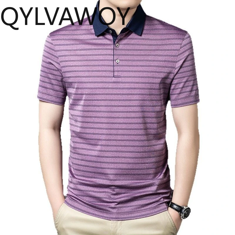 QYLVAWOY Men's Polo Shirts 100% Mulberry Silk T Shirts for Man Short Sleeve Shirt Loose Tops Lapel Summer Man Clothes Premium