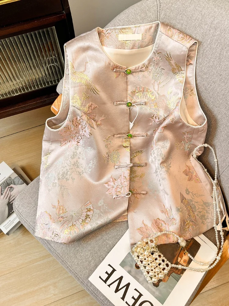 

Женский жилет Ele Pink с цветочной вышивкой, круглым вырезом, на пуговицах, в китайском ретро-стиле, летний топ для повседневной носки, модный и элегантный.