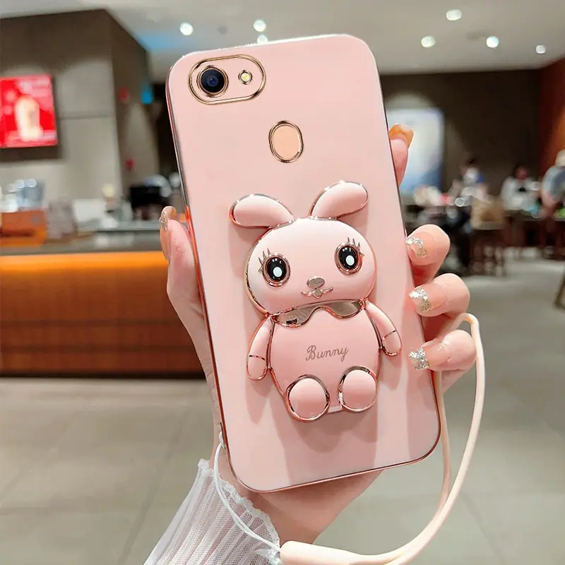 Phone Case For Oppo F5 Luxury Plating Square Rabbit Holder With Landyard Case Cover